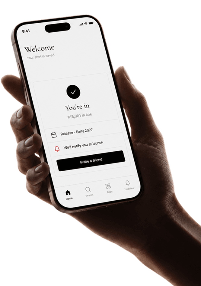 A hand holding a phone showing the Newcomer waitlist confirmation